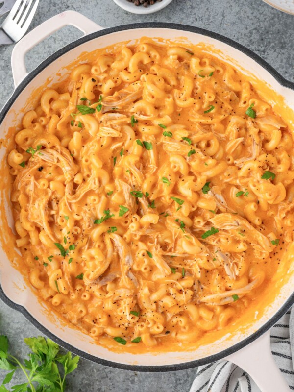 Pot filled with Buffalo Chicken Mac & Cheese.