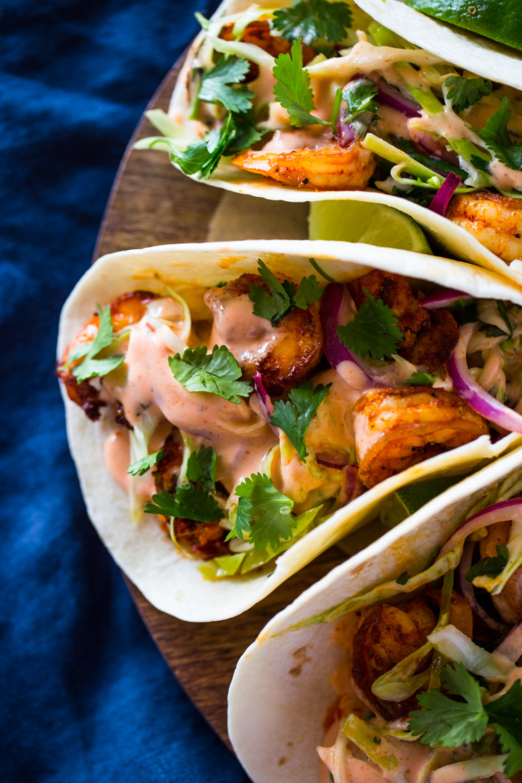 Spicy Shrimp Tacos with Creamy Sriracha Sauce & Cilantro Lime Slaw